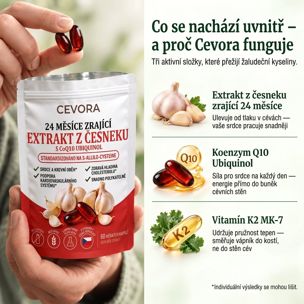 Cevora — 24 měsíců zrající česnekový extrakt s CoQ10 a vitamínem K2